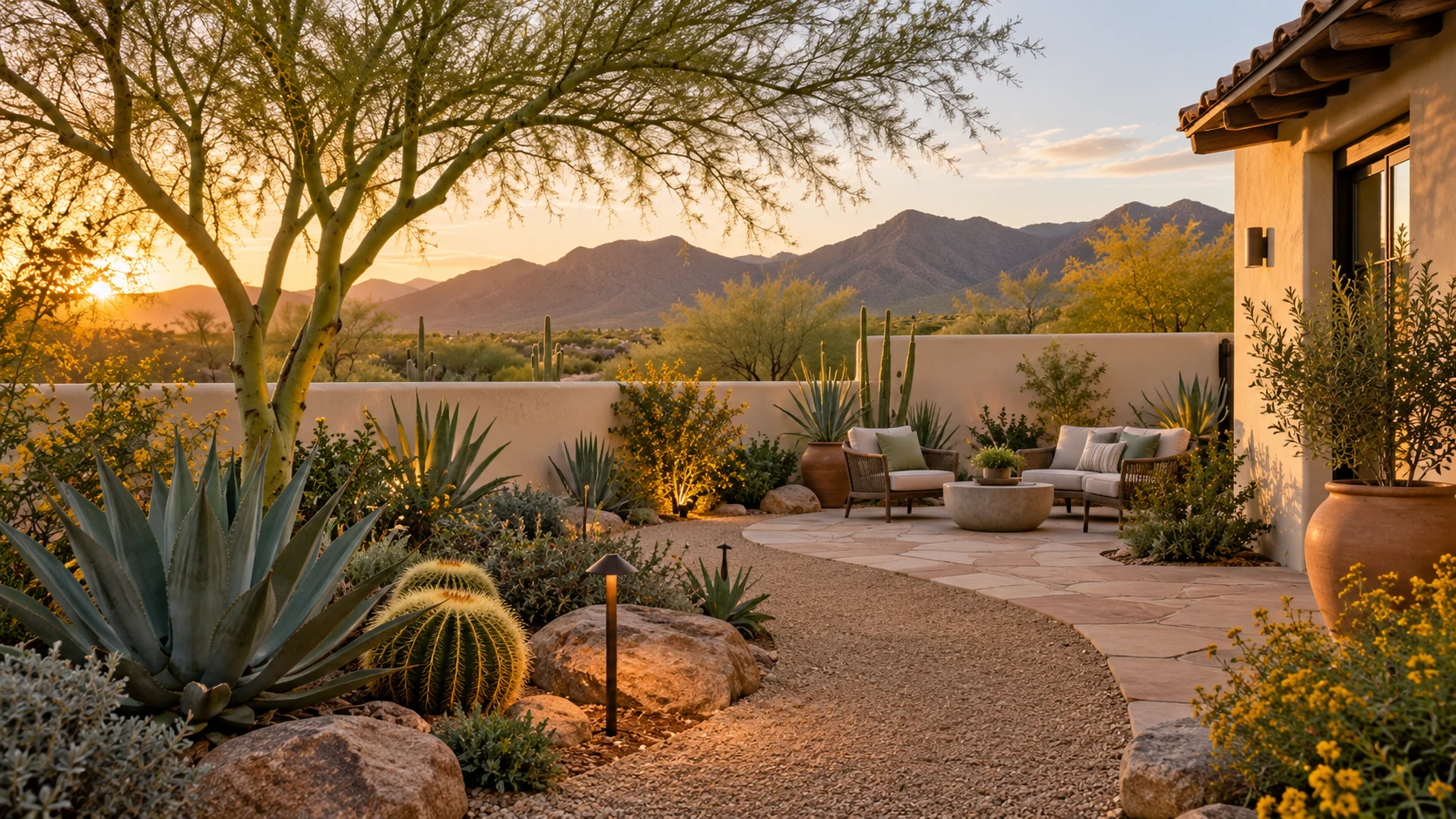 AI-generated concept of an Arizona courtyard with agave, sandstone paths, and shaded seating